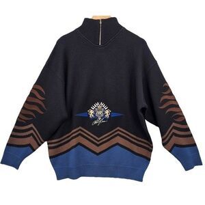 Bogner Mens M Vintage Wool Blend Black Blue Brown Embroidered Neck Zip Sweater